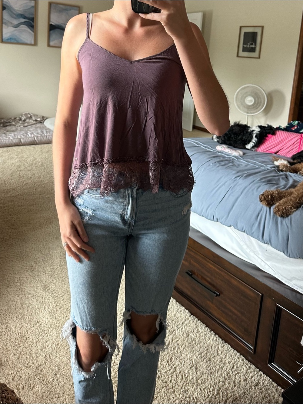 American Eagle Women’s Lace-Hem Spaghetti Strap Cami Top - Mauve